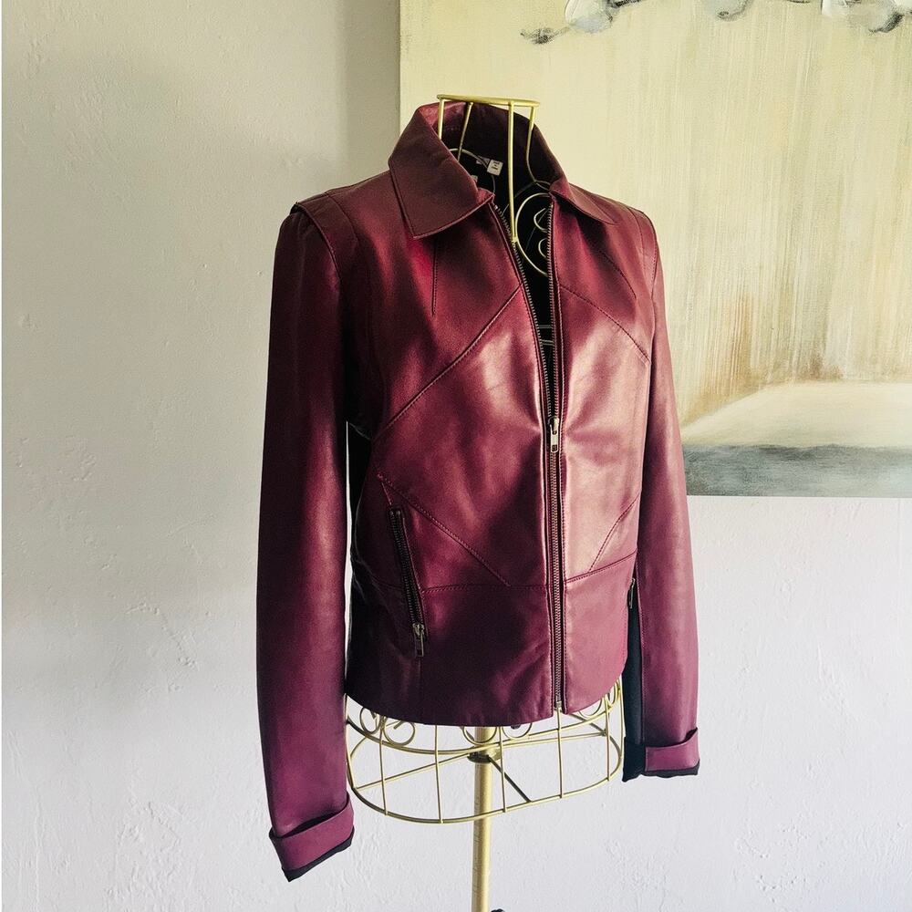 Derek Lam 10 Crosby Burgundy Lambskin Leather Moto Jacket Colorblock Size 2